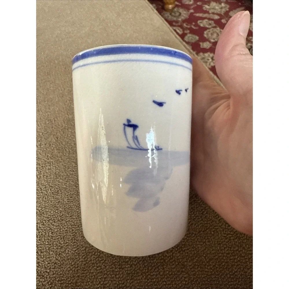 Vintage Blue & White Hand Painted Brush Pot Landscape 4.5